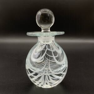 Vintage MMA Metropolitan Museum Of Art White Clear Glass Swirl Bottle w/ Stopper
